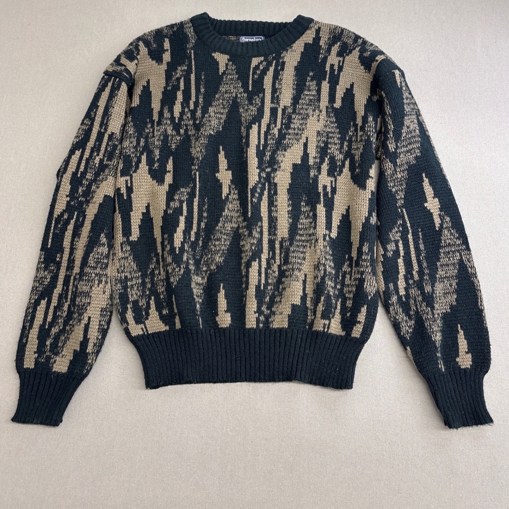 Vintage Barnaby Mens Abstract Geometric Knit Crewneck Sweater Black Tan Size M